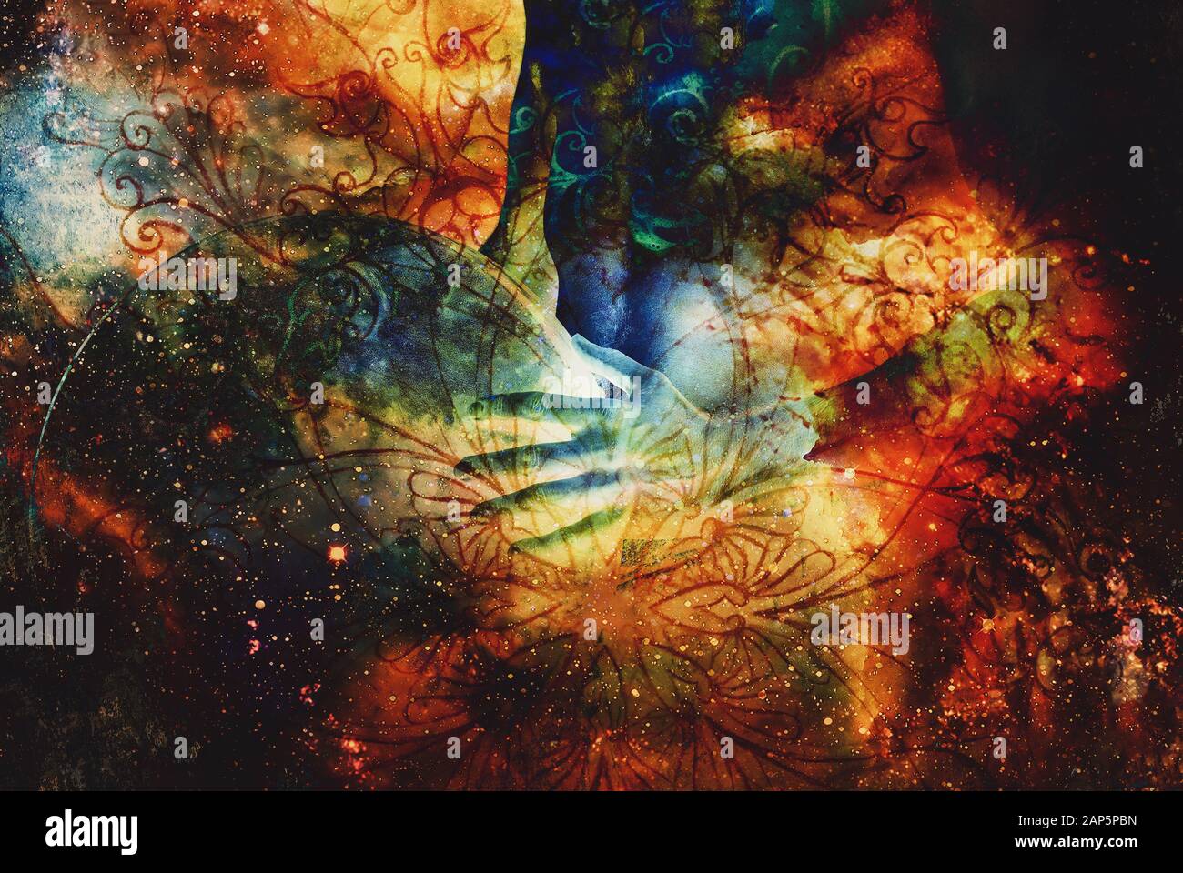 Schamanischer Mann mit abstraktem strukturiertem Raumhintergrund. Stockfoto