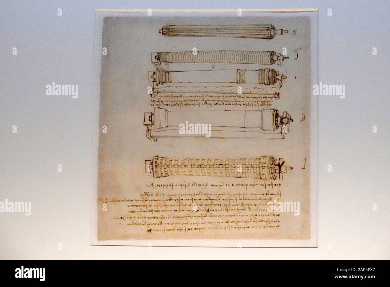 Codice Atlantico, Atlantic Codex original Zeichnungen von Leonardo da Vinci, Biblioteca Pinacoteca Ambrosiana, Accademia Mailand, Lombardei, Italien, Europa Stockfoto