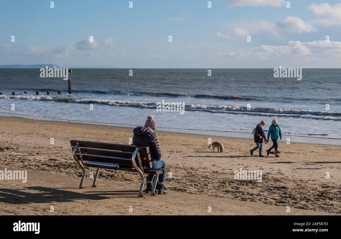 Bournemouth Beach mit Hundegängern im Winter und einer Person, die allein sitzt. Stockfoto