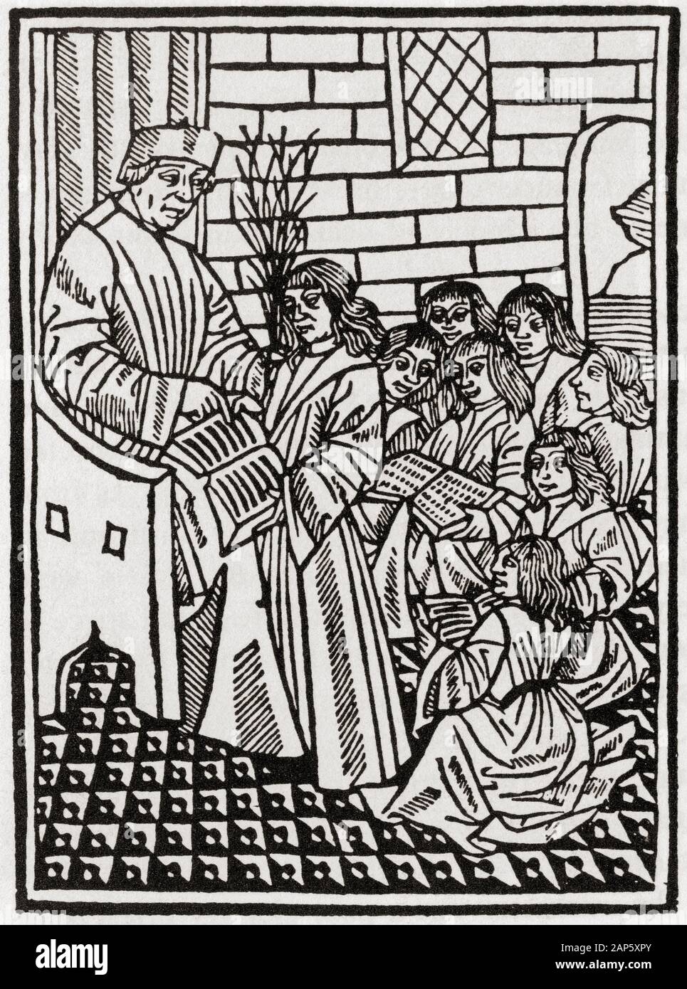 Ein Lehrer und seinen Schülern im 16. Jahrhundert. Die Birke hält er wird verwendet, um die Unwissenden zu bestrafen. Stockfoto