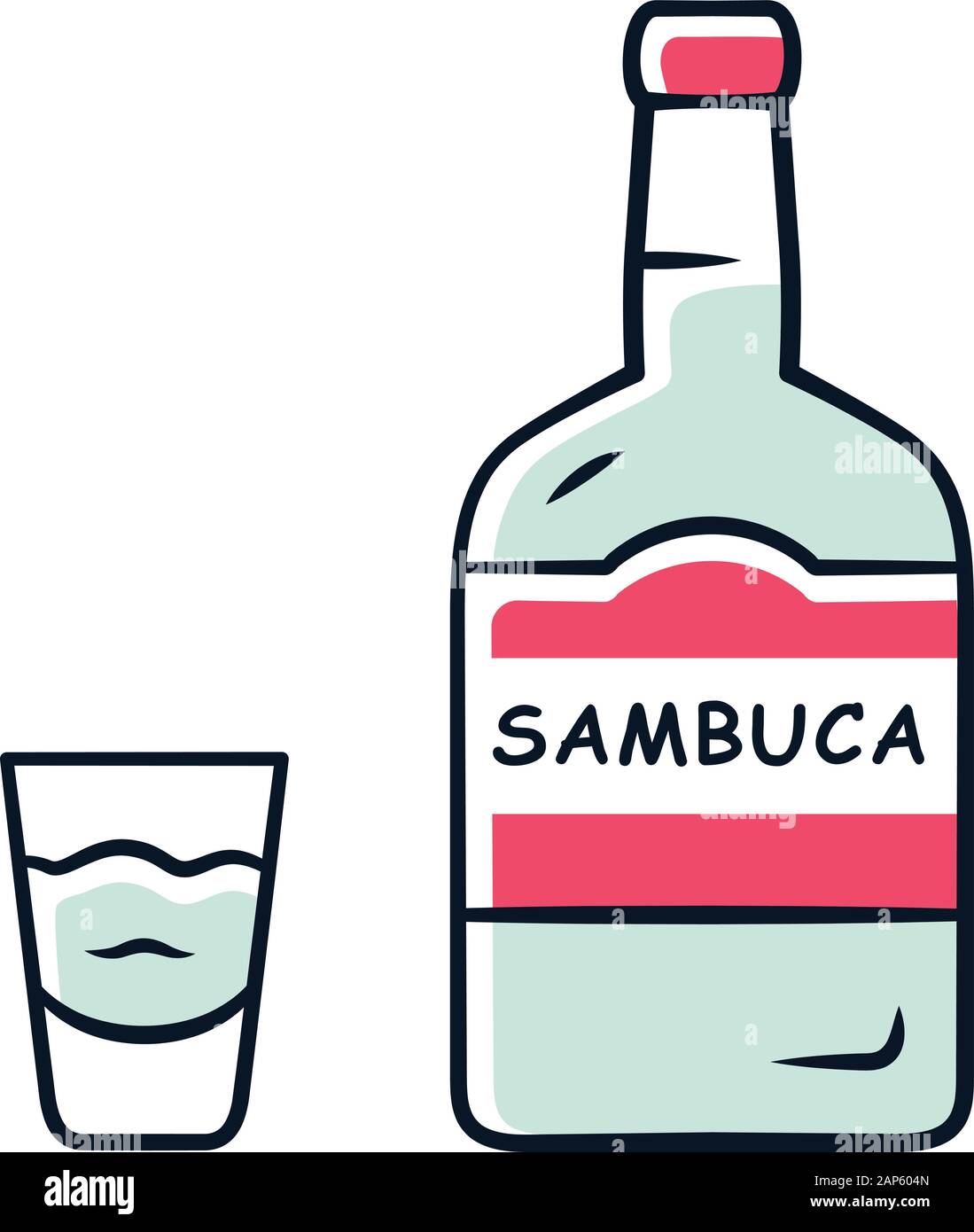 Sambuca graue Farbe Symbol. Flasche und Glas mit Getränk. Italienische Likör mit Anis. Alkoholische Getränke Cocktails getrunken, gerade. Isola Stock Vektor