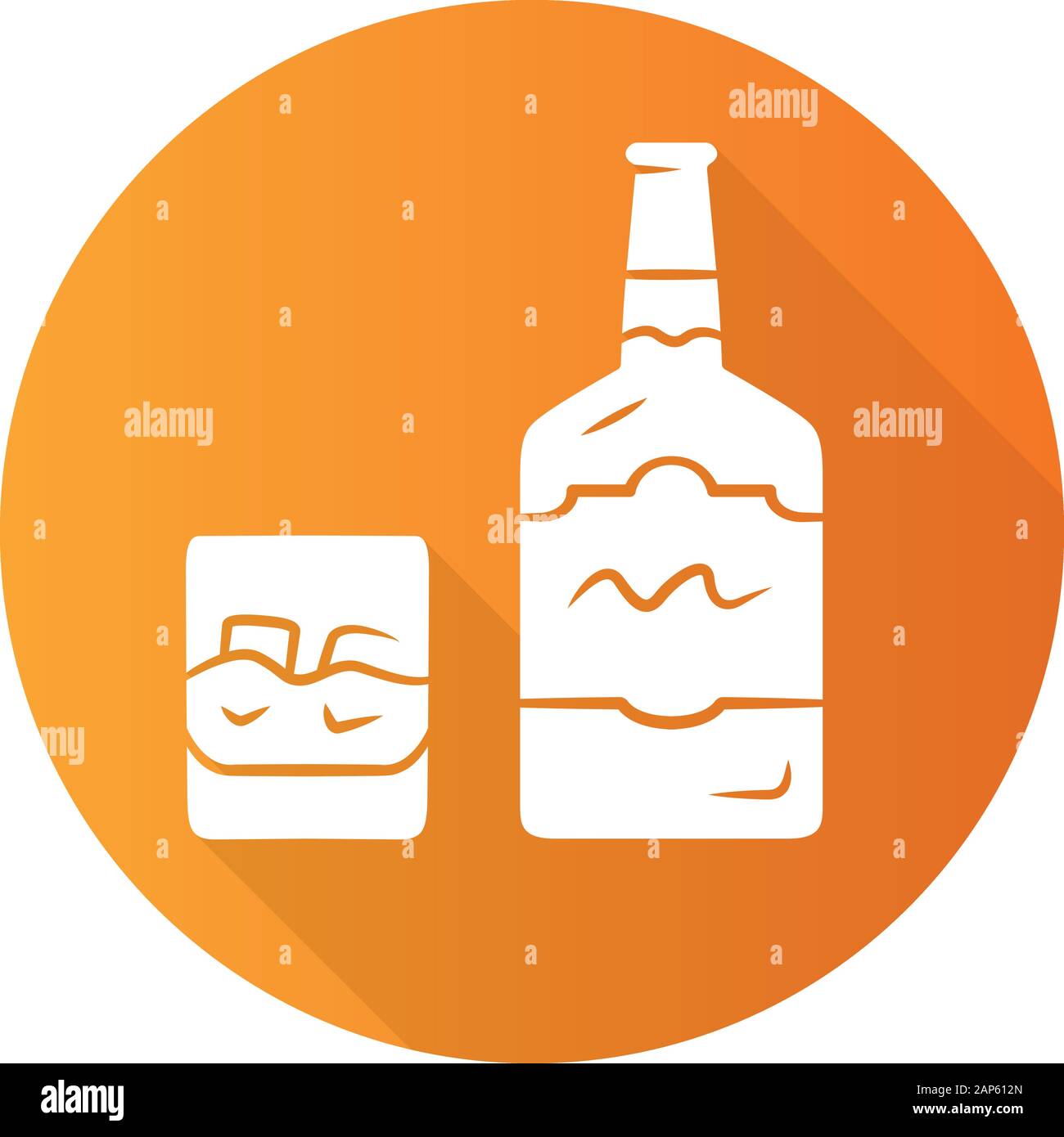 Whiskey orange flache Bauweise lange Schatten glyph Icon. Flasche und altmodische Glas mit Getränk, Eis. Scotch, Rum geschossen. Alkoholische Getränke für Cocktails. Stock Vektor