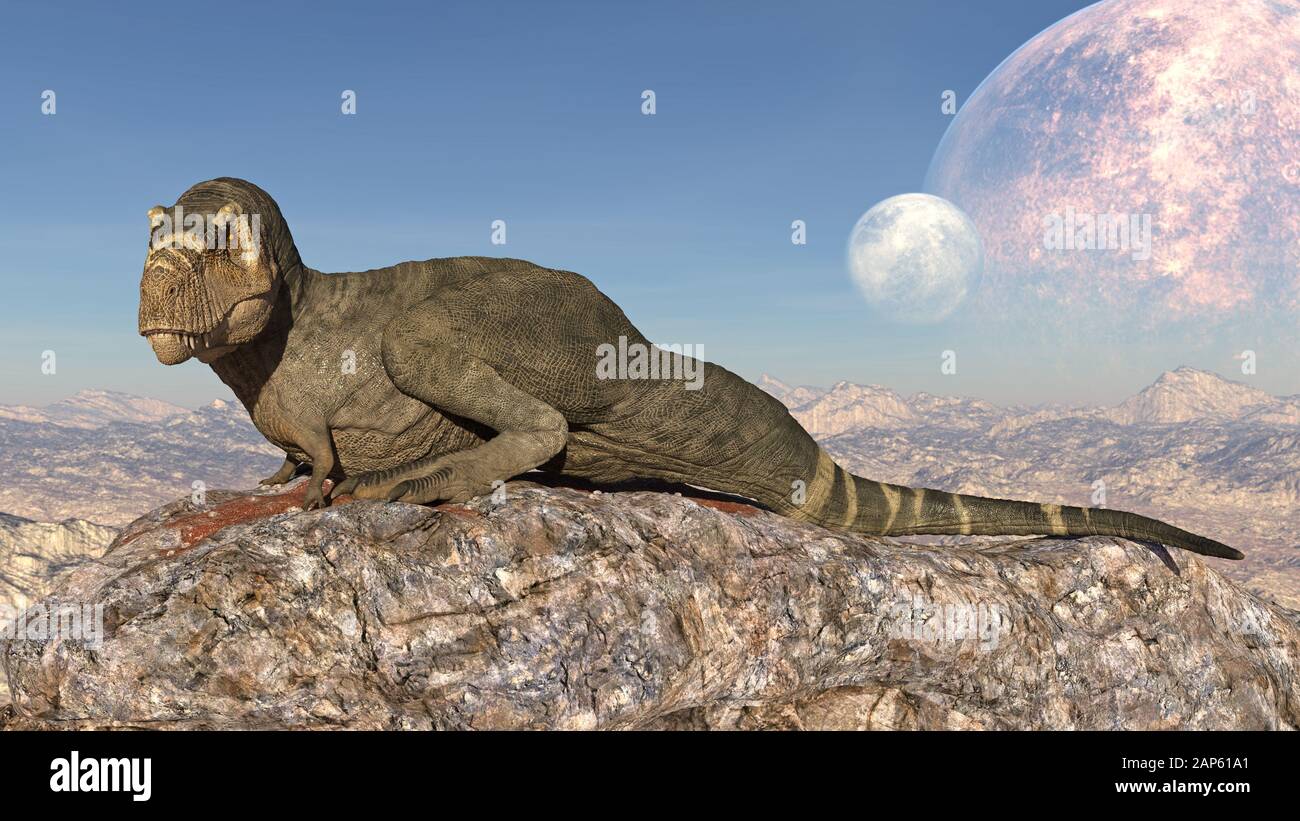 T-Rex Dinosaurier, Tyrannosaurus Rex Reptilien auf Klippe sitzend, prähistorisches Jura-Tier in menschenleerer Natur, 3D-Illustration Stockfoto