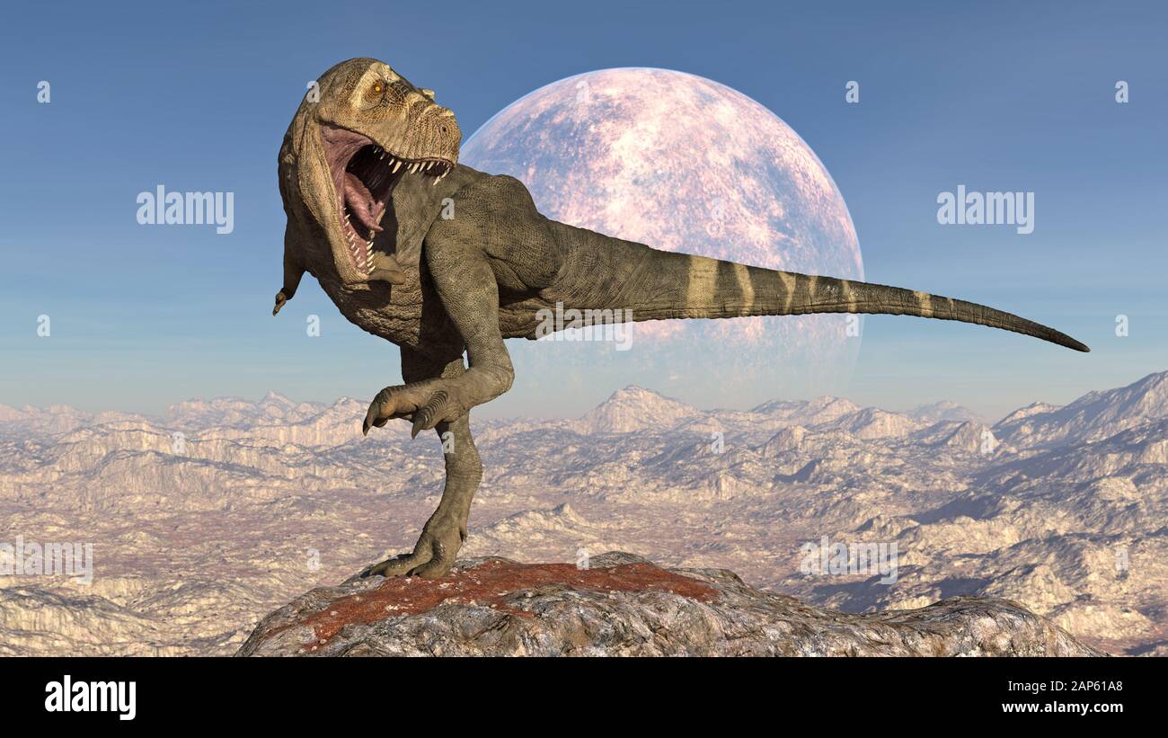 T-Rex Dinosaurier, Tyrannosaurus Rex Reptiliengestampfung auf Felsen, prähistorisches Jura-Tier in menschenleerer Natur, 3D-Illustration Stockfoto