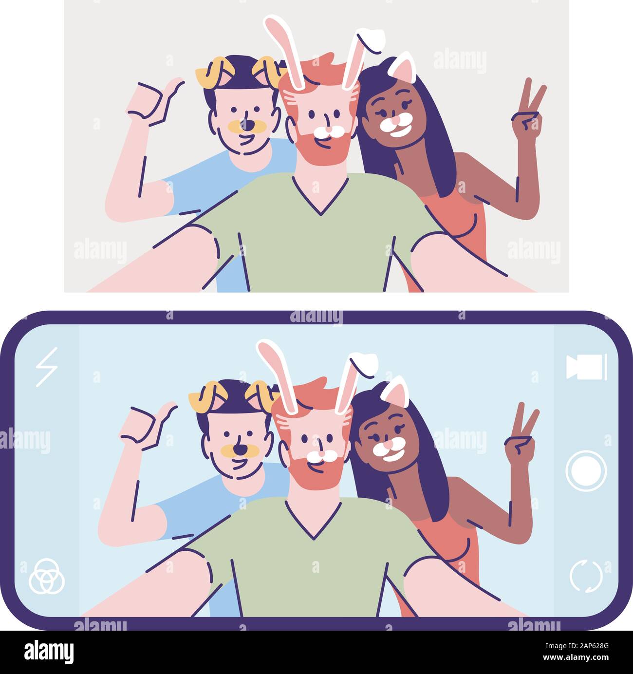 Selfie flachbild Vector Illustration. Freunde nehmen Sie animierte selbst Foto. Bild mit Tier Gesicht. Smartphone selfie App mit Maske Filter cartoon char Stock Vektor