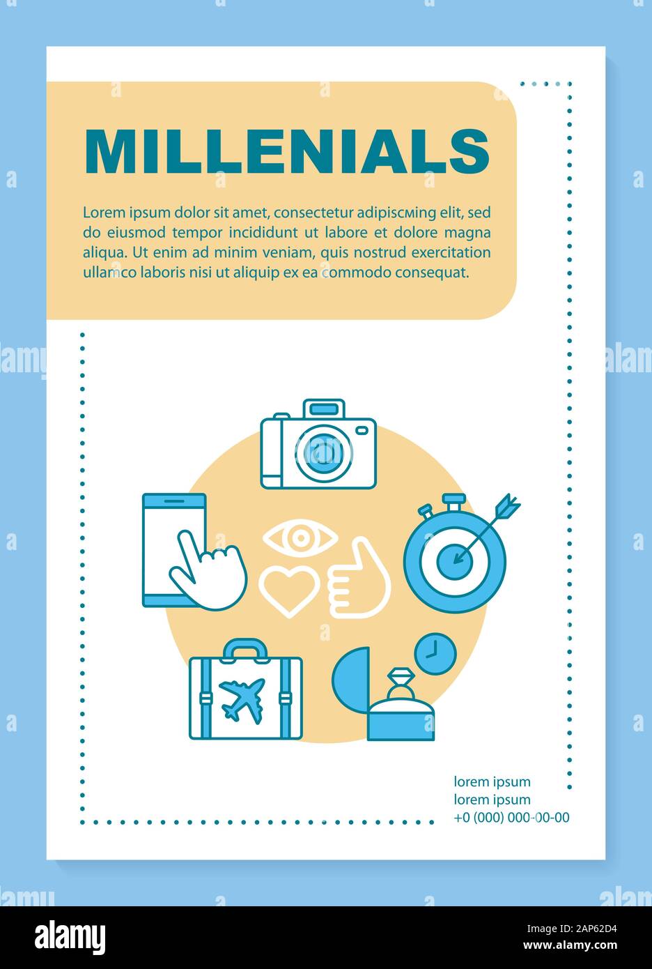 Millennials Plakat Vorlage, Layout. Altersgruppe. Die Kernwerte und Lifestyle. Banner, Broschüre, Faltblatt print Design mit linearen Symbolen. Gen Y-Vektor broch Stock Vektor