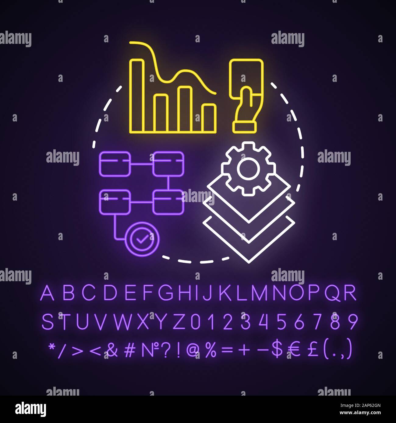 Wasserfall Entwicklung Neon Licht Konzept Symbol. Phasen des Projekts. Strategie Management. Workflow administration Idee. Leuchtende Zeichen mit Alphabet, Anzahl Stock Vektor