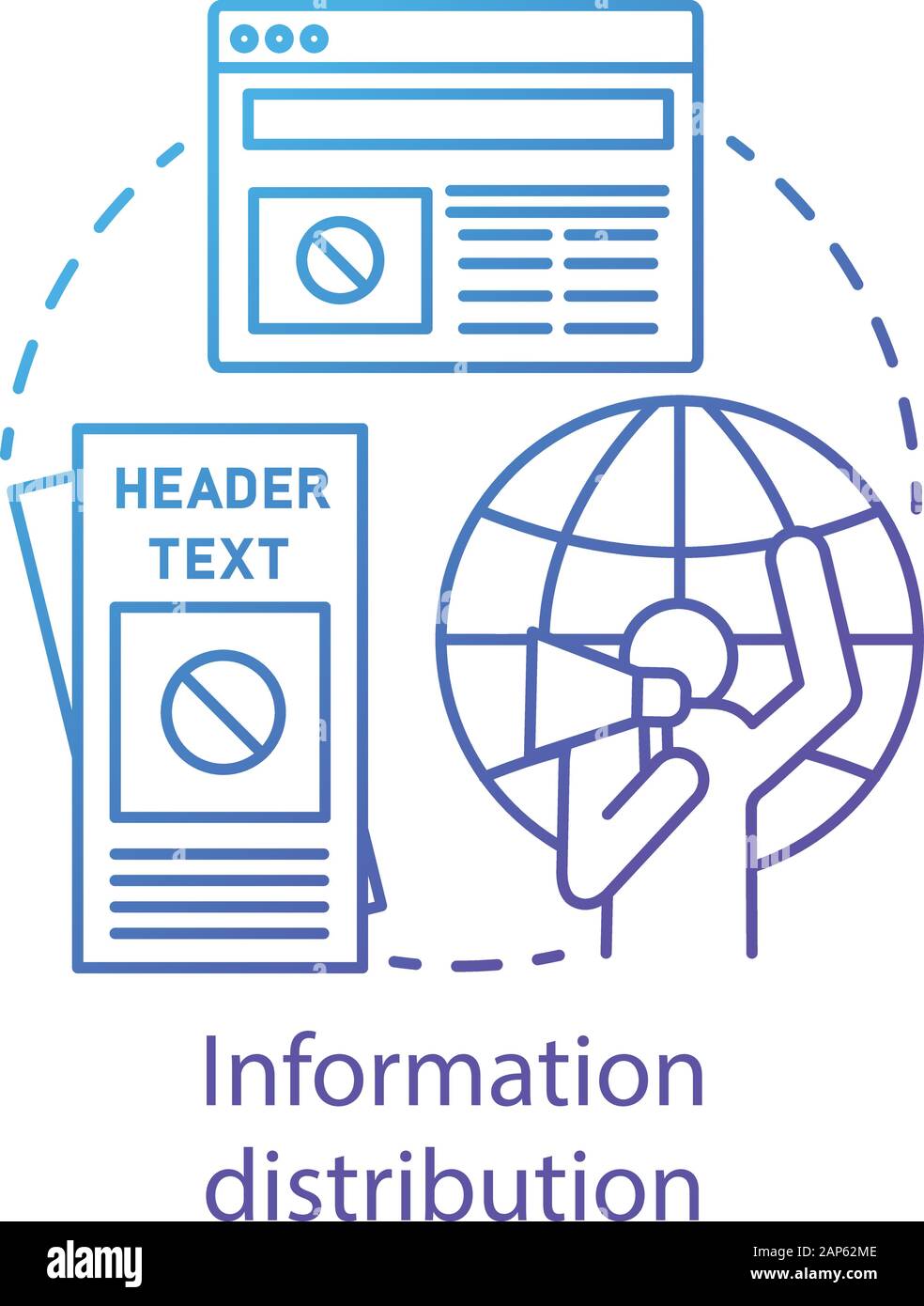 Informationen Distributionskonzept Symbol. Gewaltfreier Widerstand, Propaganda verbreitete Idee, dünne Linie Abbildung. Demonstrant mit Megafon, Flyer und Onl Stock Vektor