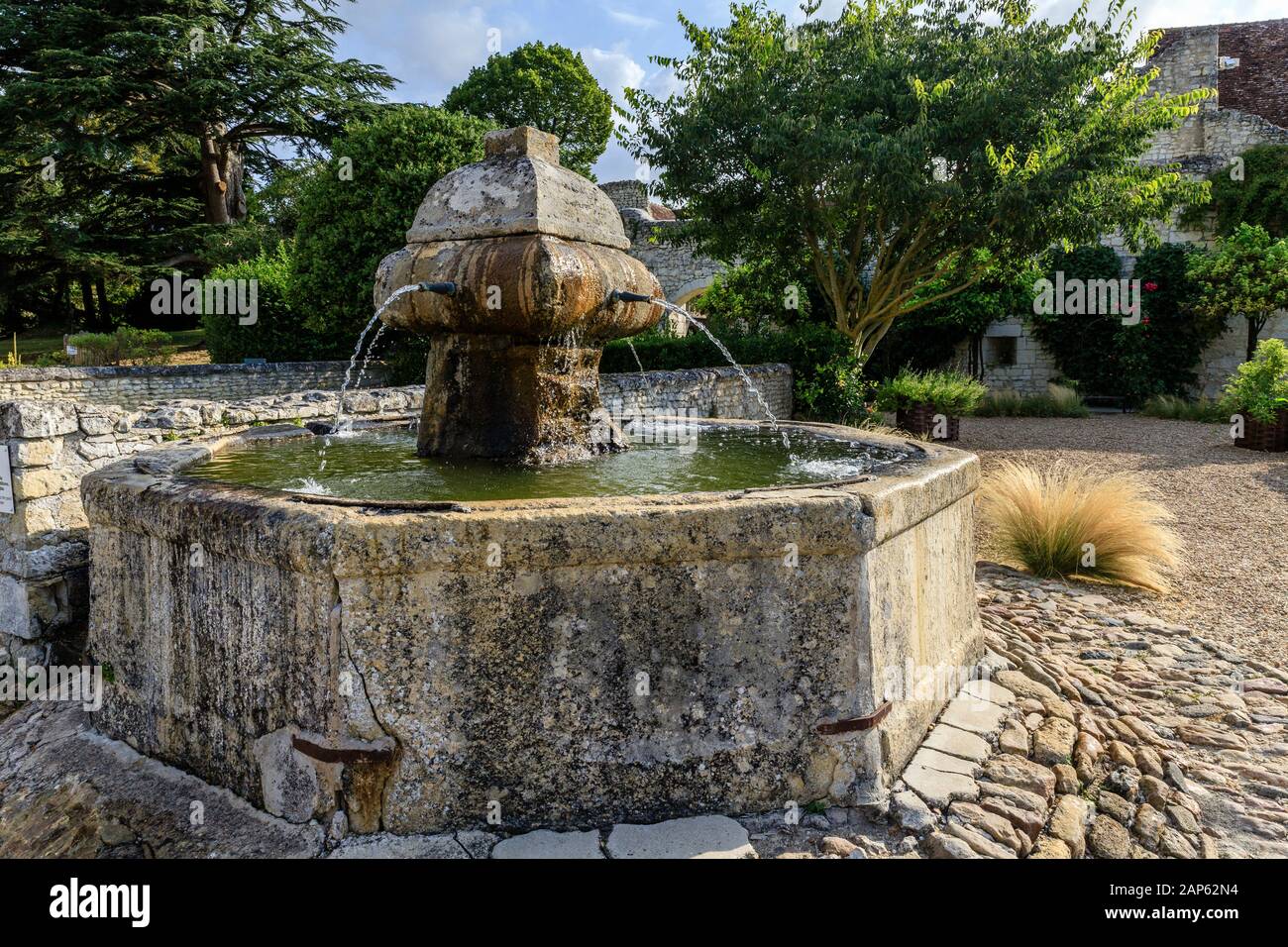 Frankreich, Indre et Loire, Loire Anjou Touraine Regionalen Naturpark, Lemere, Chateau du Rivau Gärten, Brunnen in Service Viertel der Burg courty Stockfoto