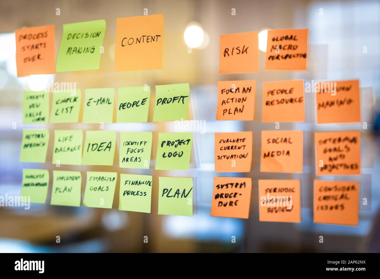 Selbstklebende Notizen mit Slogans (Wörter) auf dem Glas im Büro hängen. Brainstorming Konzept. Stockfoto