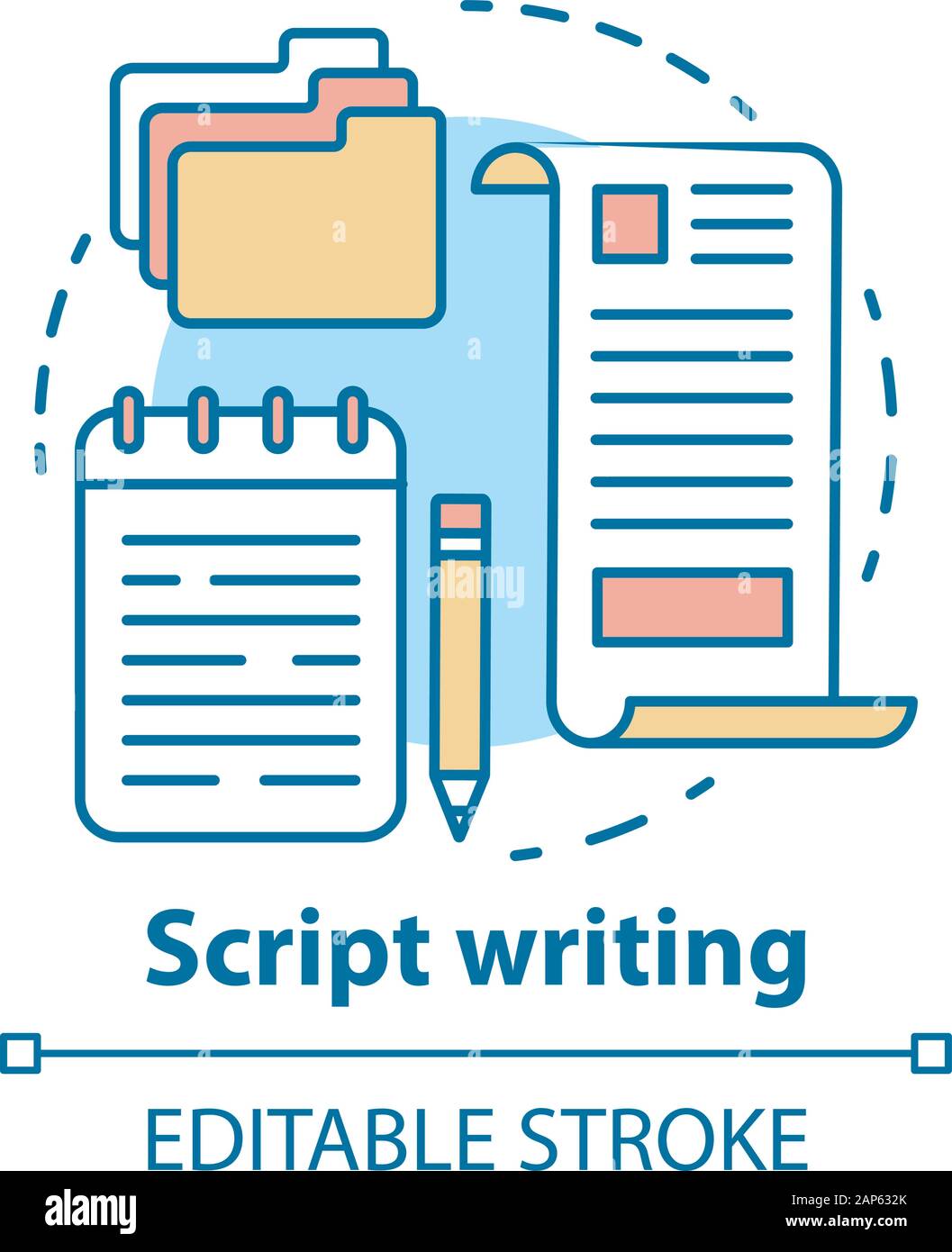 Script schreiben Konzept Symbol. Drehbuch, Drehbuch. Copywriting Idee dünne Linie Abbildung. Inhalte erstellen. Artikel, Aufsatz schreiben. Vektor i Stock Vektor