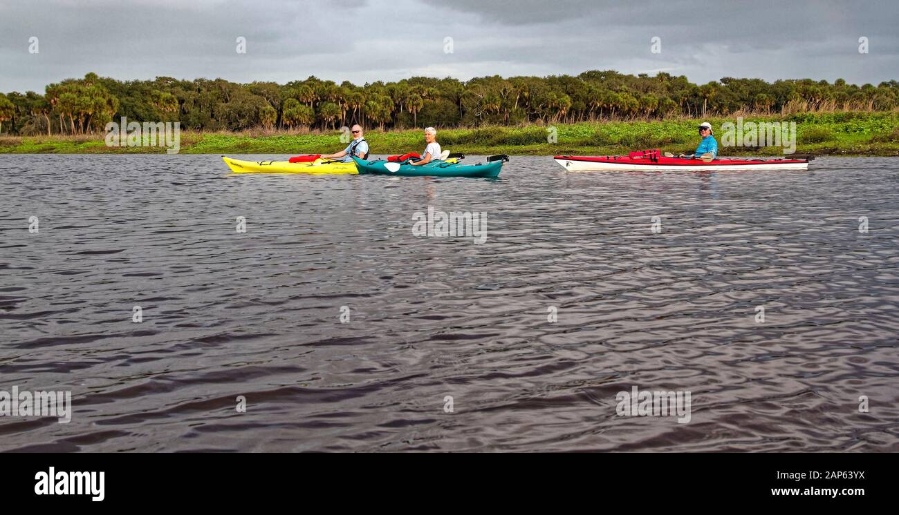 3 Personen Kajak; Ruhe, Erholung; Wasser; bunte Boote; Sport, Myakka River State Park; Sarasota; FL; Florida; MR; horizontal, Winter Stockfoto