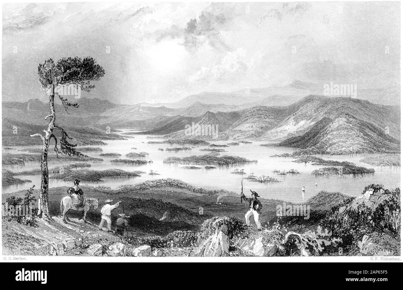 Eine Gravur des Squawn Lake (Squam Lake) (New Hampshire), die in hoher Auflösung gescannt wurde, stammt aus einem Buch, das im Jahr 1840 gedruckt wurde. Ich glaube, dass das Urheberrecht frei ist. Stockfoto