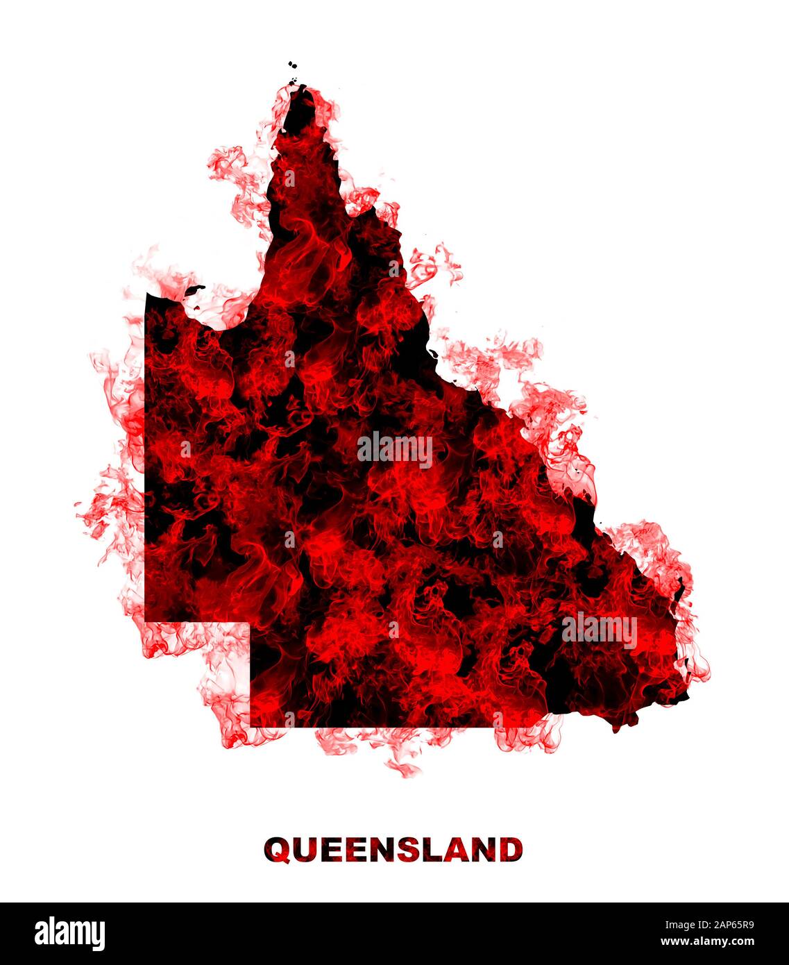 Queensland Karte Feuer auf weißem Hintergrund. Buschfeuer In Der Australischen Wildnis. Save Australia Konzept. Serie Massiver Buschfeuer In Ganz Australien. Stockfoto