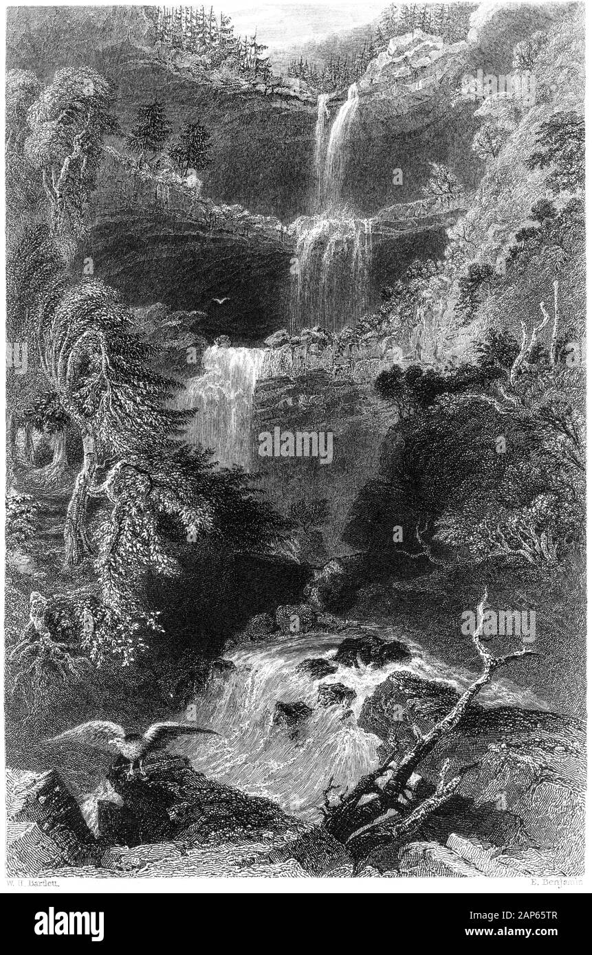 Eine Gravur des Katterskill Falls (Kaaterskill Falls) (von unten), die in hoher Auflösung gescannt wurde. Stockfoto