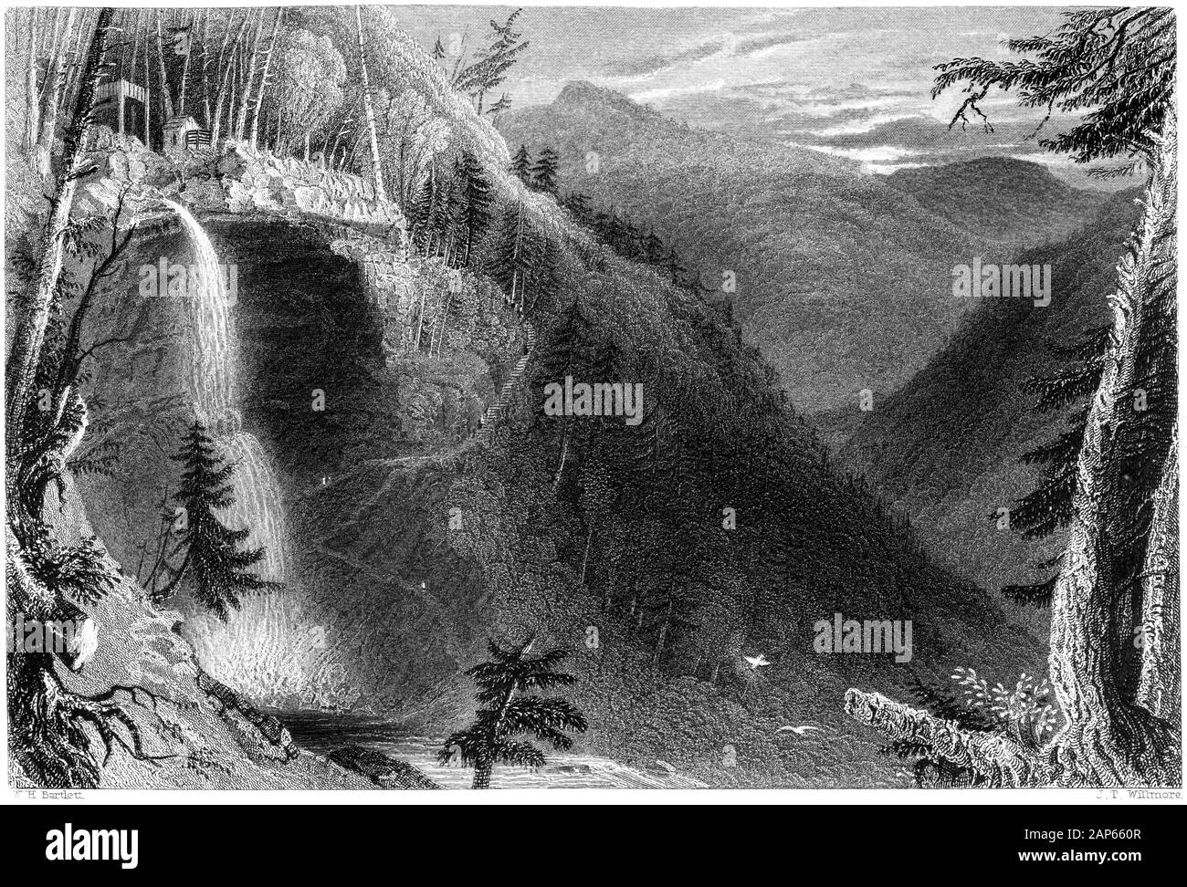 Eine Gravur der Catterskill Falls (Kaaterskill Falls) (von oberhalb der Ravine), die in hoher Auflösung gescannt wurde, stammt aus einem Buch, das im Jahr 1840 gedruckt wurde. Stockfoto