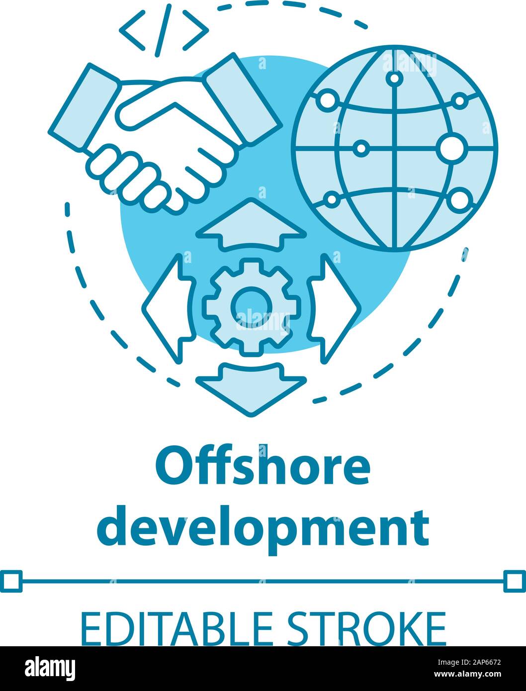 Offshore Entwicklung Konzept Symbol. Rekrutierung von Freelancern aus aller Welt. Internationale IT-Unternehmen Idee dünne Linie Abbildung. Vektor iso Stock Vektor