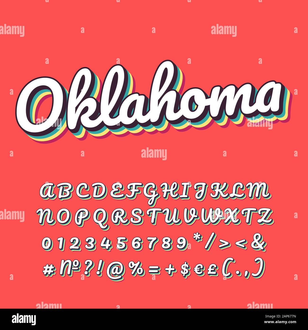 Oklahoma Vintage 3d Vektor Schriftzug Retro Schrift In Fettdruck Kursiv Schrift Mit Regenbogen Schatten Pop Art Stil Der Alten Schule Buchstaben Zahlen Symbolen Pack Stock Vektorgrafik Alamy