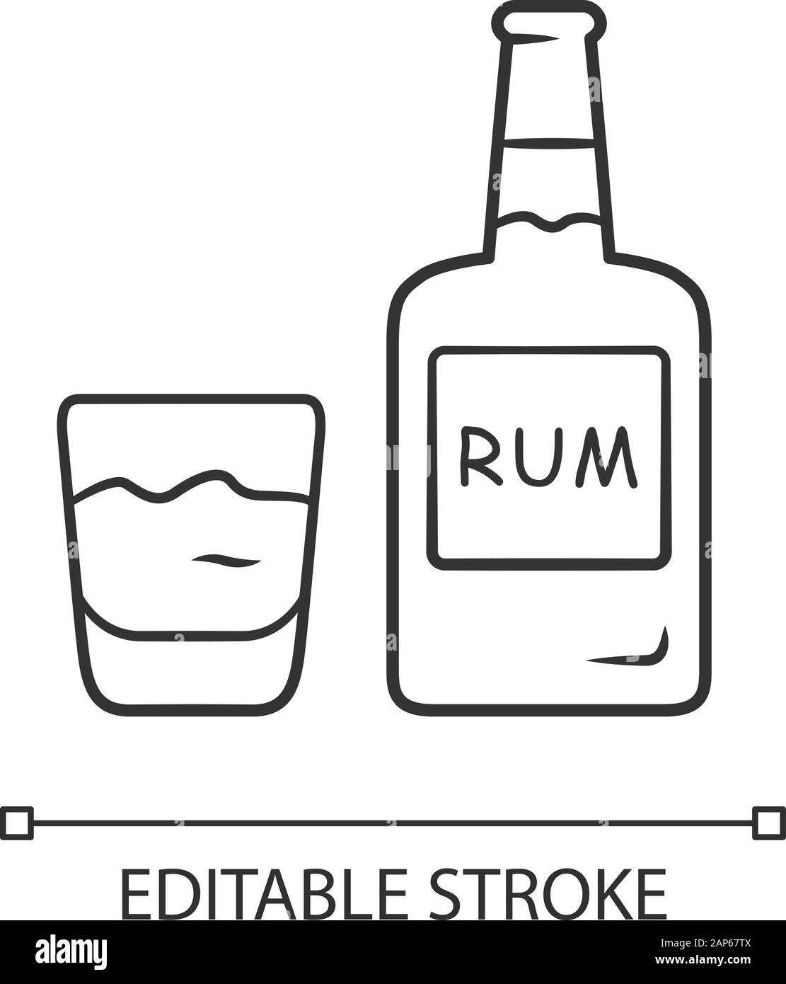 Rum lineare Symbol. Flasche und altmodische Glas mit alkoholischen Getränken. Alkohol Bar trinken für Cocktails. Dünne Linie Abbildung. Kontur Symbol. Vect Stock Vektor