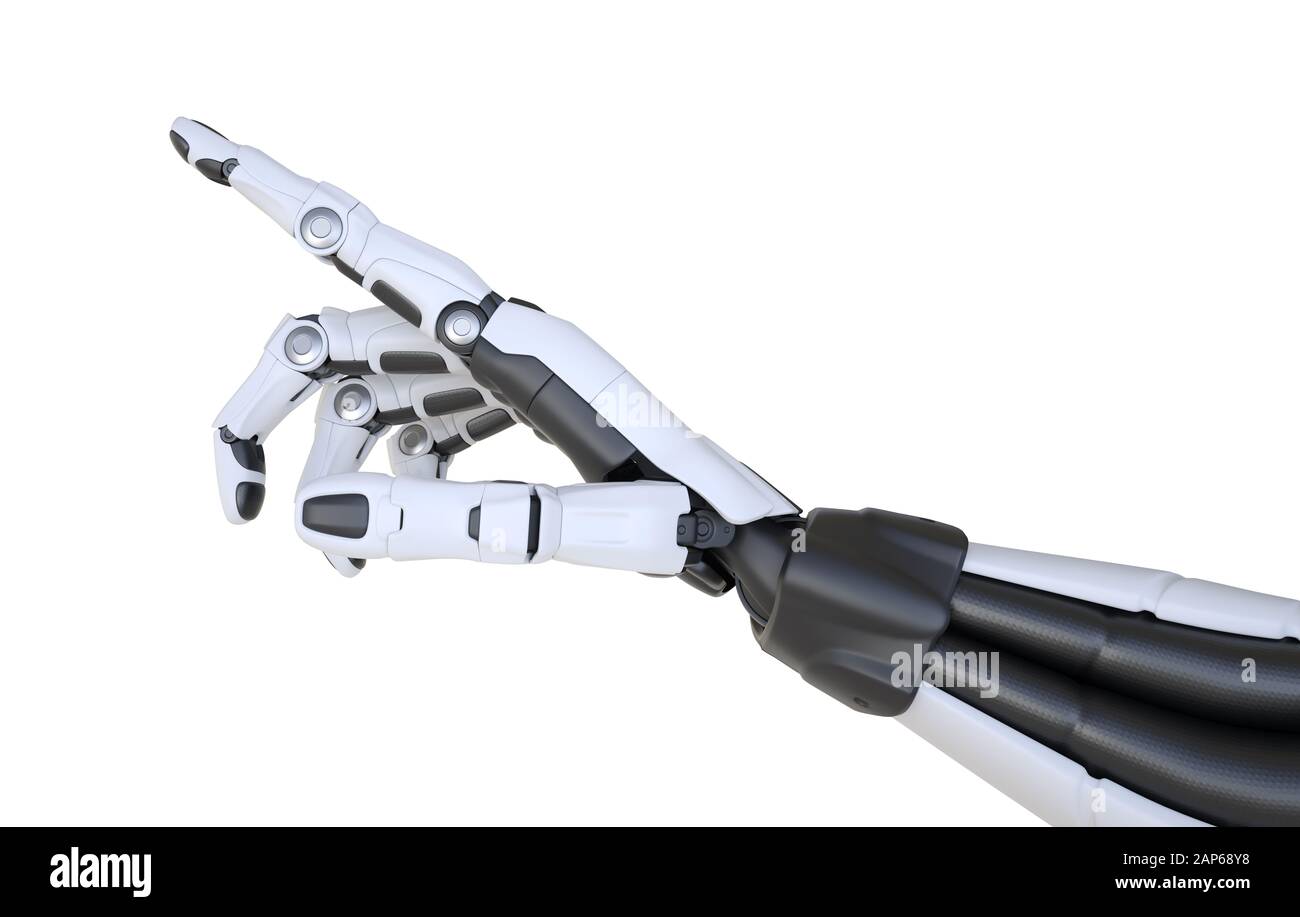 Roboterhand zeigt auf Weiß isoliert. 3D-Darstellung Stockfoto