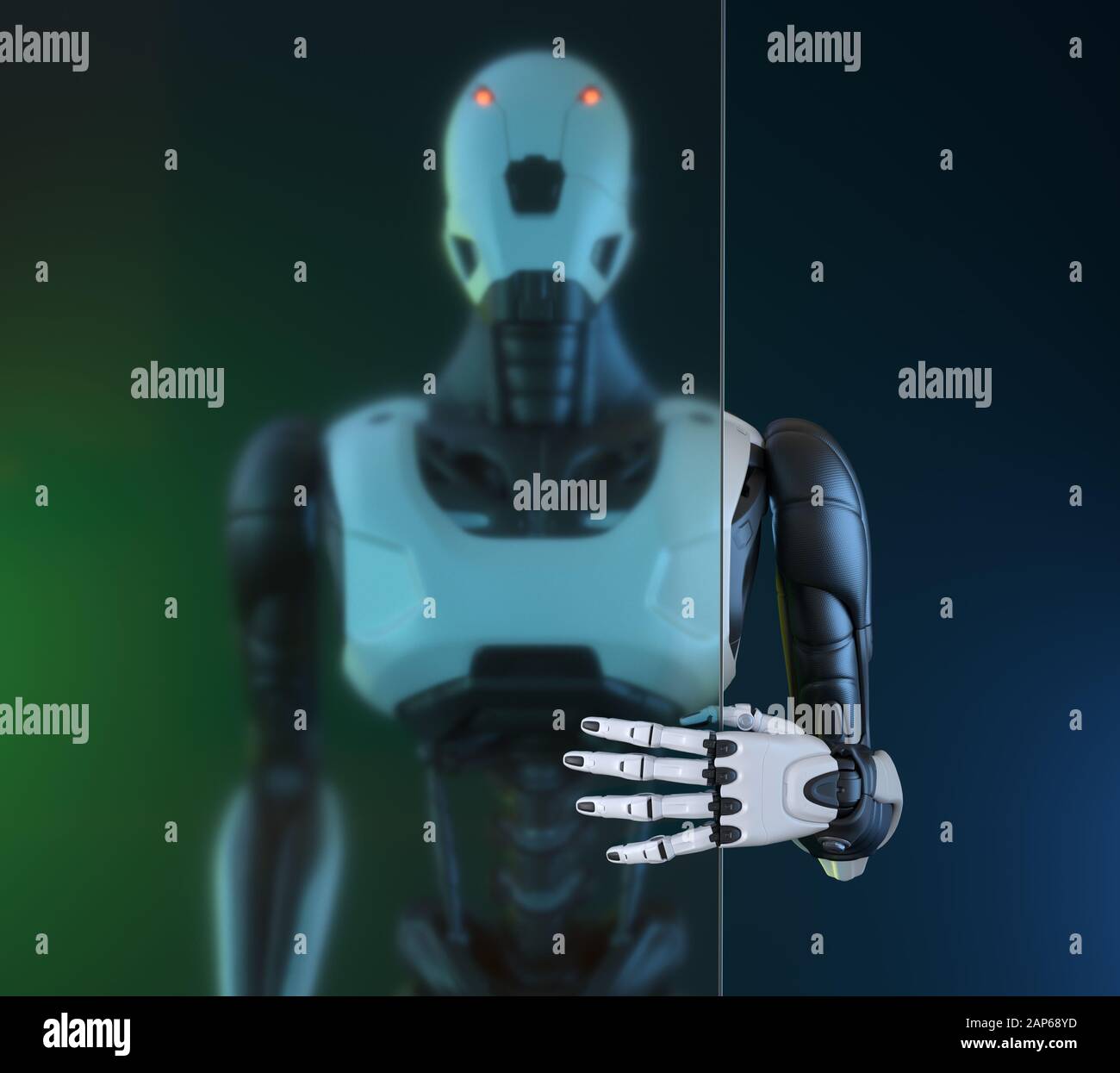 Robotstands vor der Glaswand. 3D-Darstellung Stockfoto