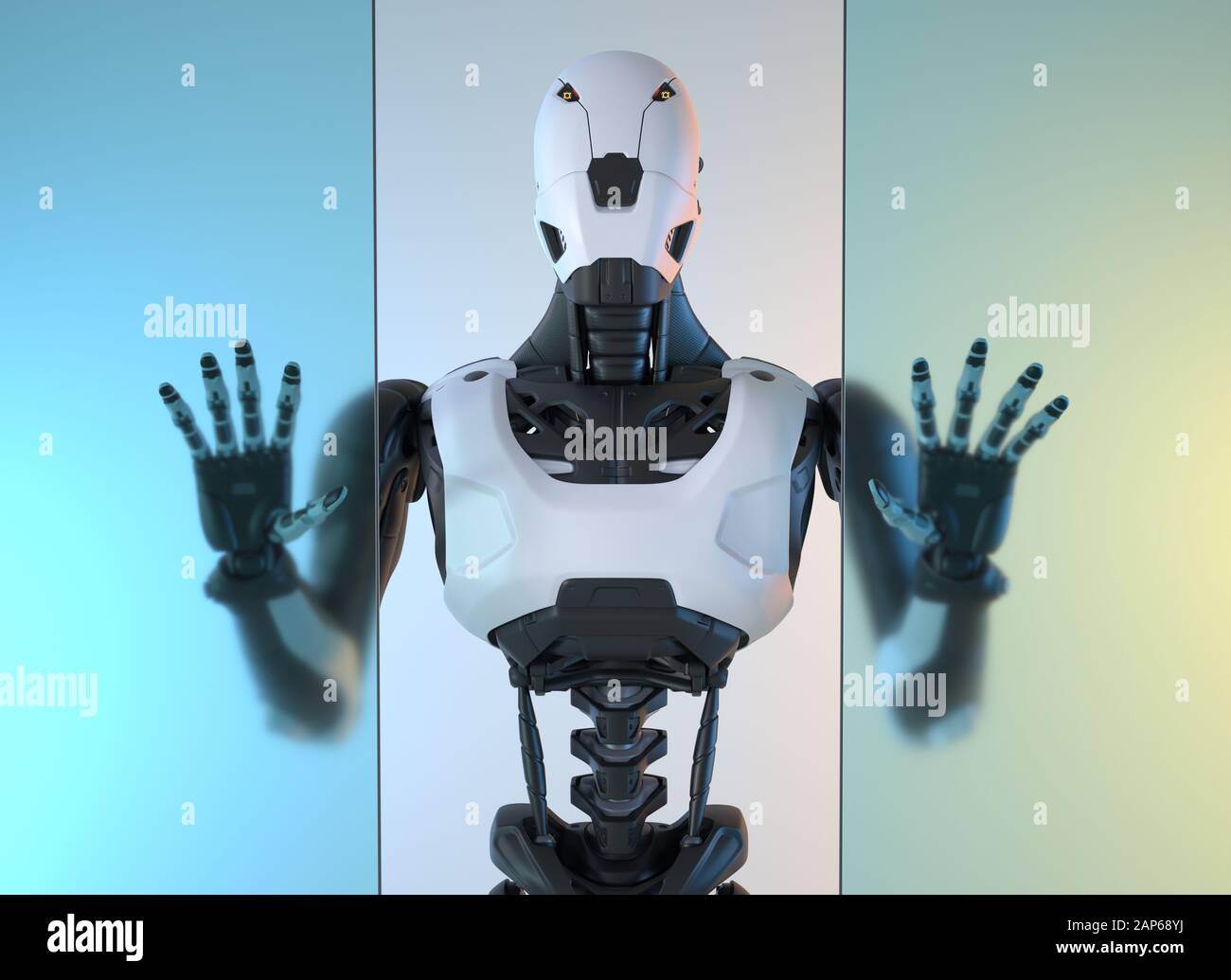 Robotstands hinter der Glaswand. 3D-Darstellung Stockfoto