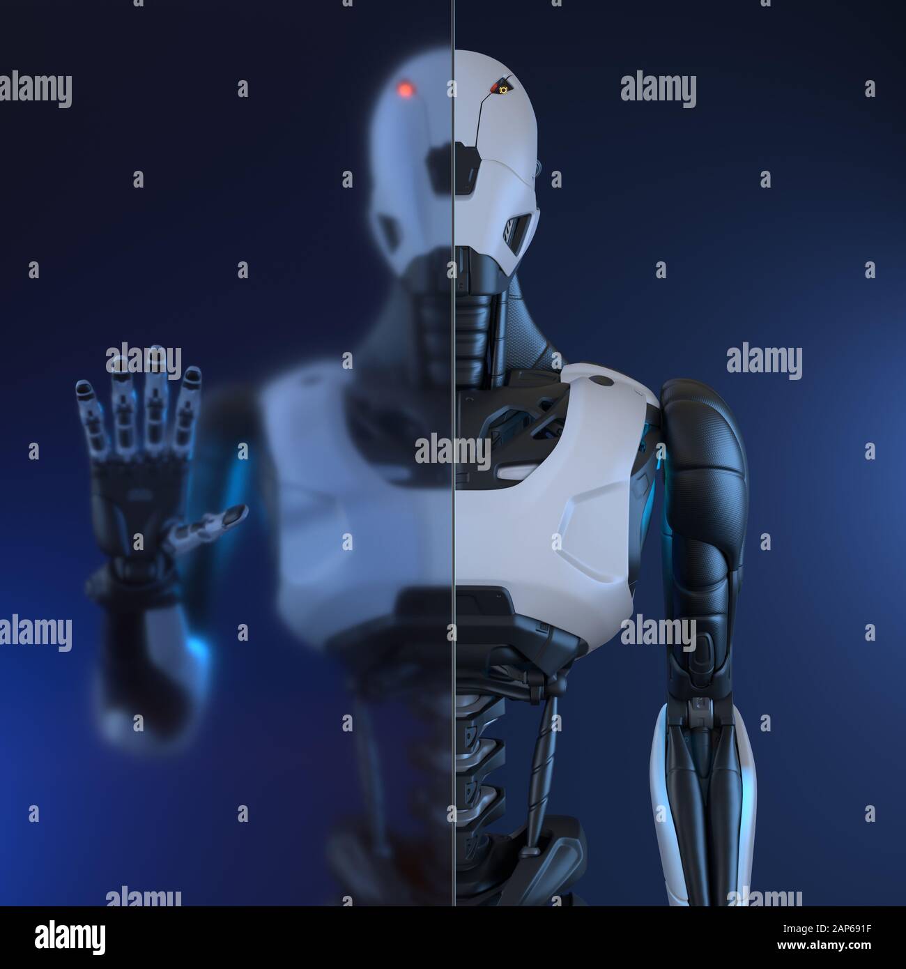Robotstands vor der Glaswand. 3D-Darstellung Stockfoto