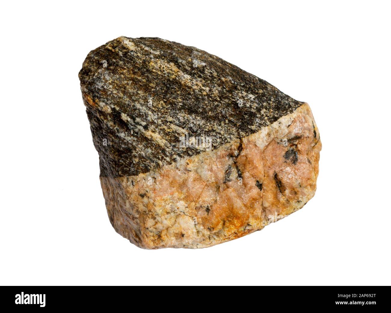 Steinrock isoliert auf weißem Grund. Nahaufnahme von Granit-Felsen. Steingranit. Stockfoto
