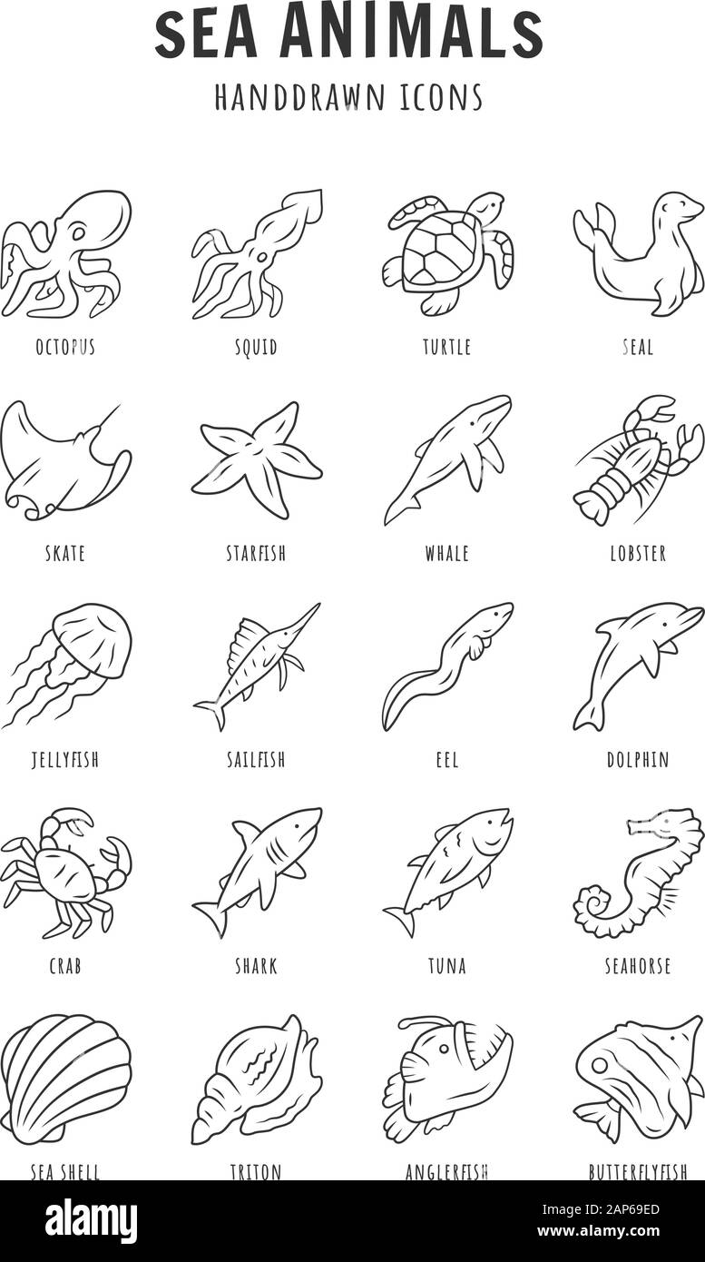 Meer Tiere lineare Symbole gesetzt. Turtle, Quallen, Hummer, Falterfische. Unterwasser Fauna und Flora. Ozean Einwohner. Thin Line Kontur Symbole. Isolierte v Stock Vektor