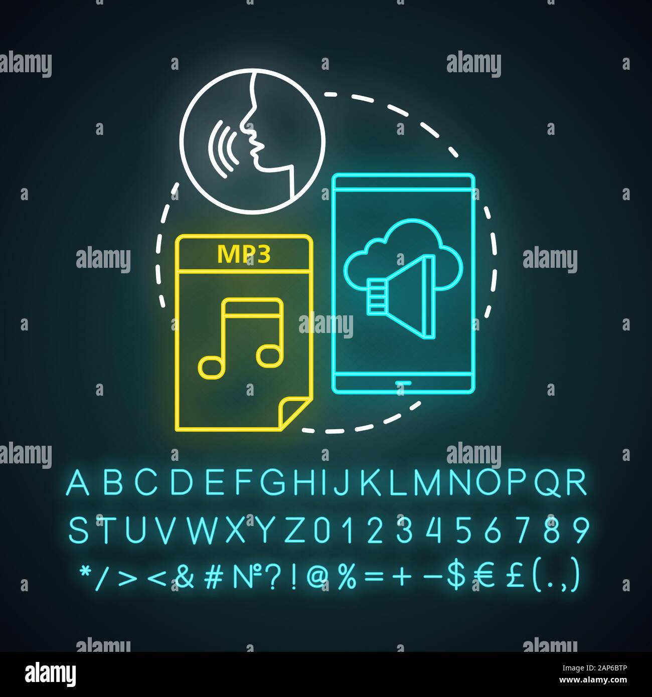 Audio Neon Licht Konzept Symbol. Hören & hören Informationen Idee. Musiktitel, Hörbücher, rede. Stereo Records. Leuchtende Zeichen mit Alphabet, Zahlen ein Stock Vektor