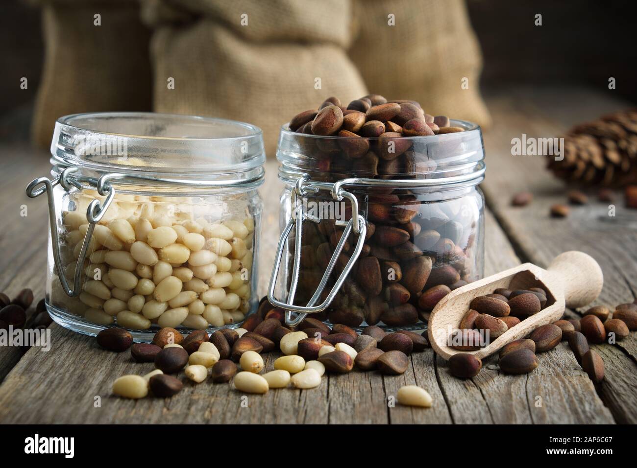 Pinienkerne. Gläser und Taschen aus Zedern-Kiefernnüssen. Stockfoto