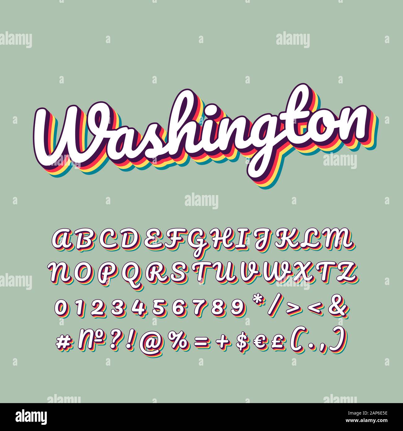 Virginia vintage 3d Vektor Schriftzug. Retro bold Font, Schrift. Pop Art stilisierten Text. Old School Style Buchstaben, Zahlen, Symbolen pack. 90 s, 80 s Poste Stock Vektor