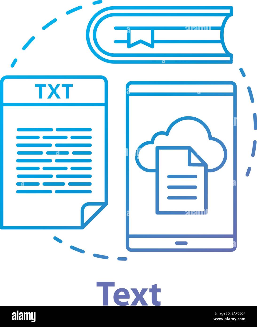 Text blau Konzept Symbol. Verschiedene Arten von Textinformationen Idee dünne Linie Abbildung. Bücher, Nachrichten, Werbung. Dokumente und Dateien, Artikel Stock Vektor