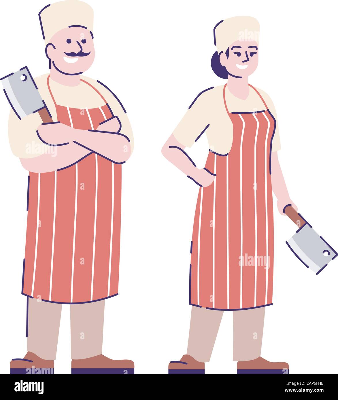 Metzger paar Flachbild vektor Zeichen. Restaurant, Metzgerei, professionelle Arbeiter Cartoon Illustration mit skizzieren. Der Mann und die Frau mit Küche Stock Vektor