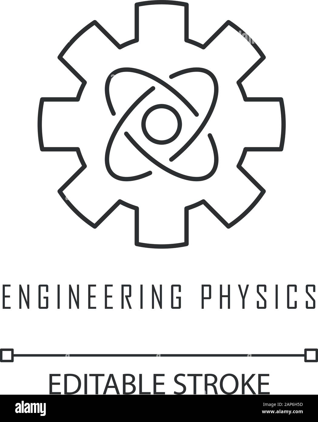 Engineering Physics lineare Symbol. Zahnrad und Atom Struktur Modell. Maschinenbau. Nano Technologien. Dünne Linie Abbildung. Kontur Symbol. Stock Vektor