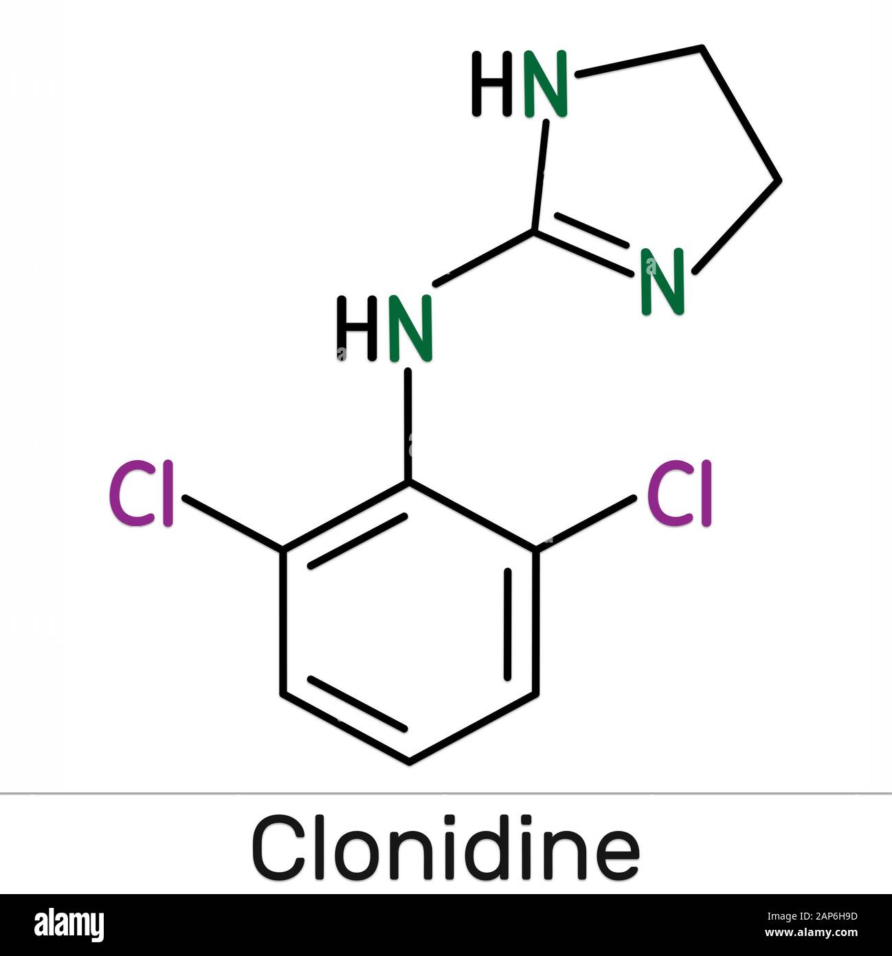 Clonidin-Molekül. Es ist nützlich für die Behandlung von Bluthochdruck, starken Schmerzen und ADHS. Skelettchemische Formel. Abbildung Stockfoto