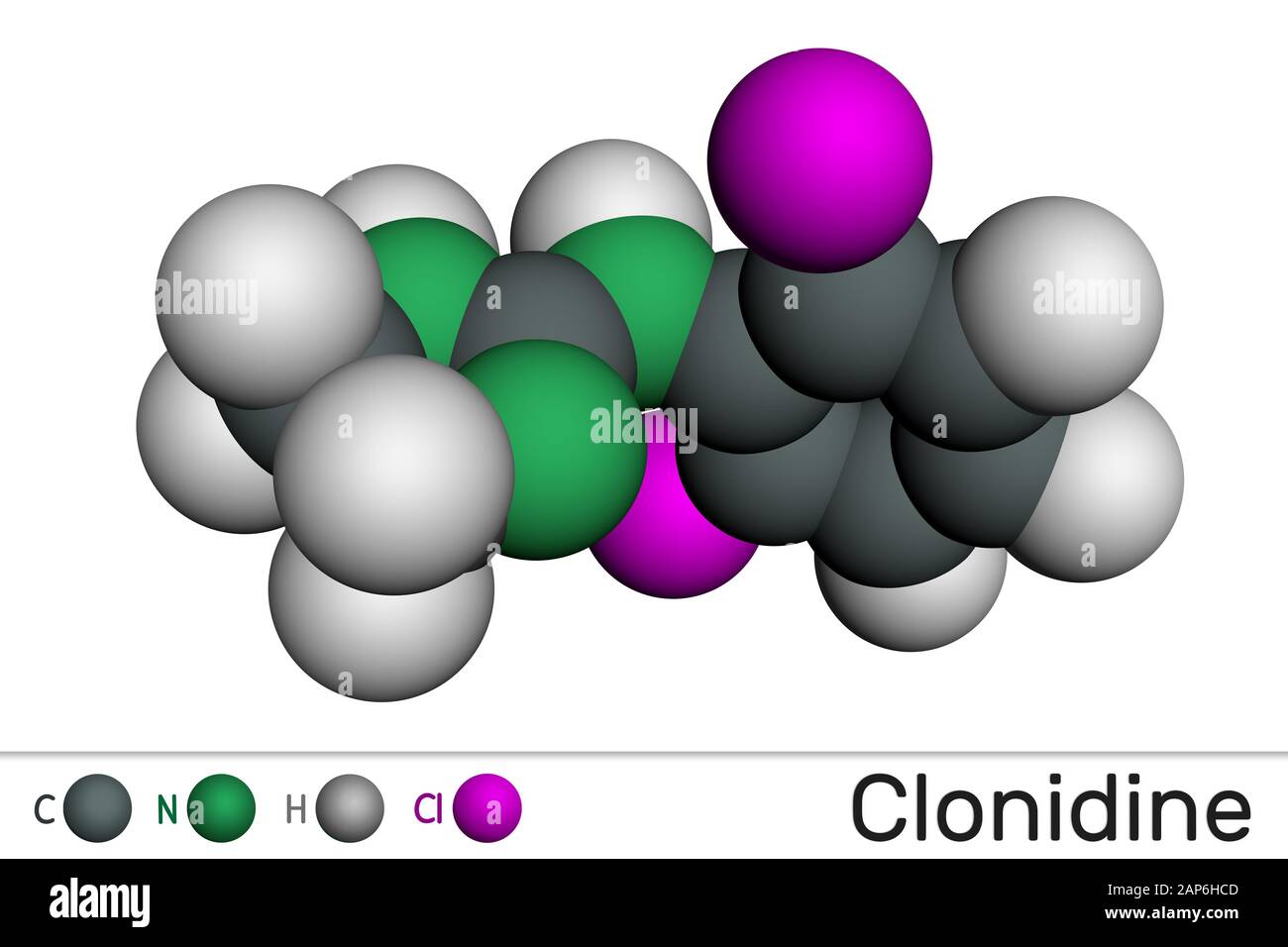 Clonidin-Molekül. Es ist nützlich für die Behandlung von Bluthochdruck, starken Schmerzen und ADHS. Molekularmodell. 3D-Rendering Stockfoto