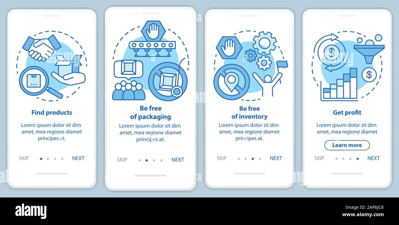 Dropshipping blau Onboarding mobile App Seite Bildschirm mit linearen Konzepten. Finde Produkt, Verpackung exemplarischen Vorgehensweise werden die Schritte grafische Anweisungen. U Stock Vektor