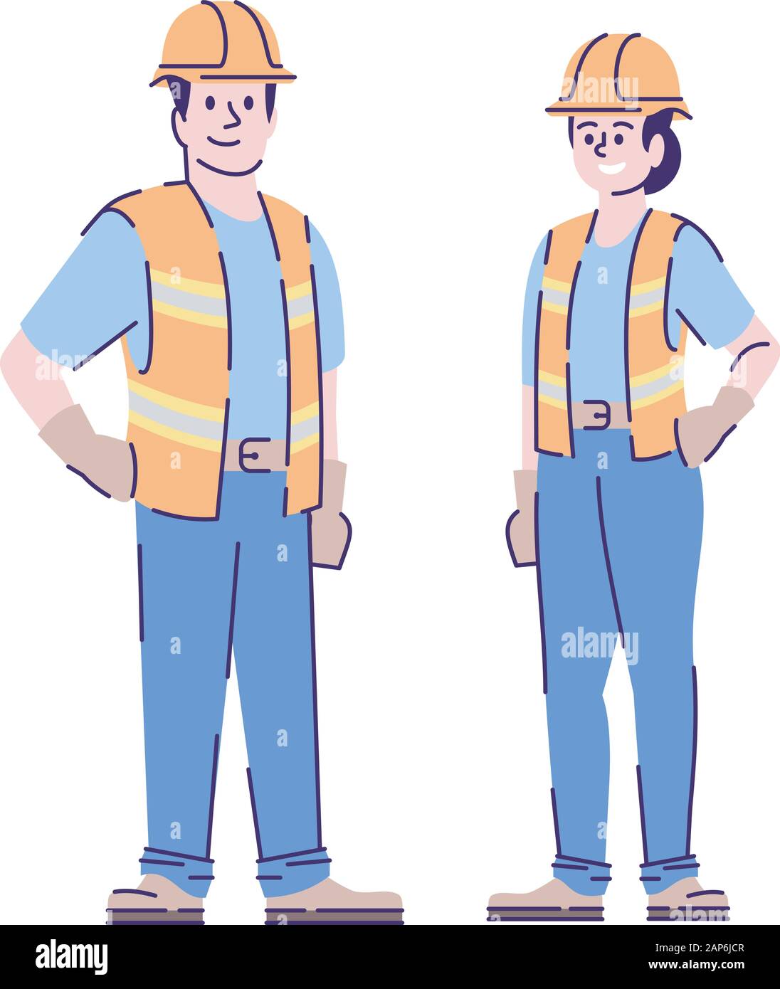 Erbauer paar Flachbild vektor Zeichen. Bauarbeiter, Handwerker Cartoon Illustration mit skizzieren. Frau und Mann Bauunternehmer, Ingenieure in unif Stock Vektor