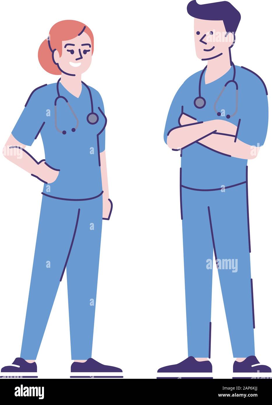 Männliche und weibliche Krankenschwestern flachbild Vektor Zeichen. Medizinische Betreuer Cartoon Illustration mit skizzieren. Professionelle Pflegekräfte. Ärzte, Therapeuten, Heilpraktiker, gen Stock Vektor