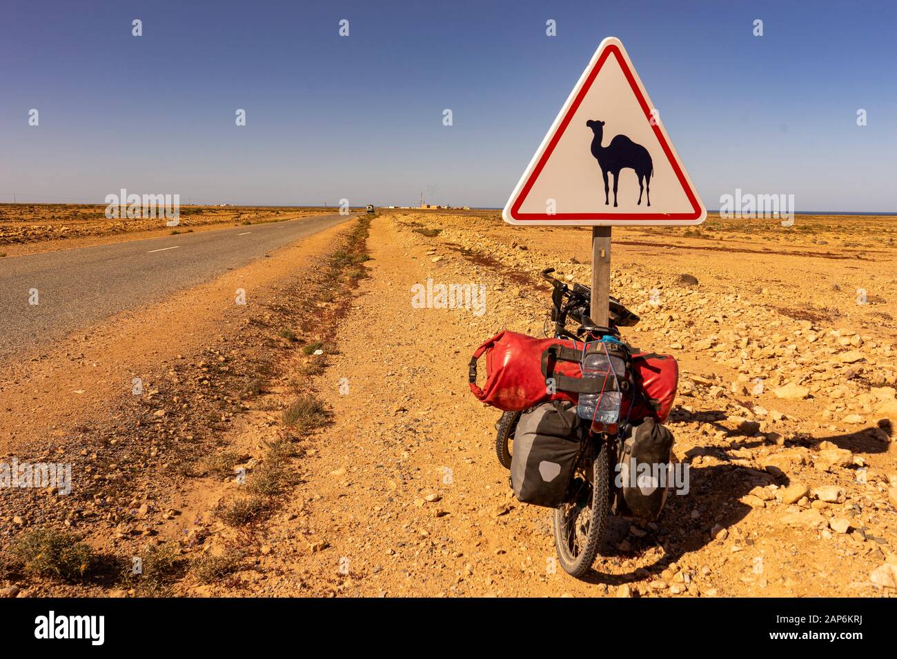 Straßenschild mit Kamel, ein Tourfahrrad, das sich gegen den Pfosten des Schildes neigt Stockfoto