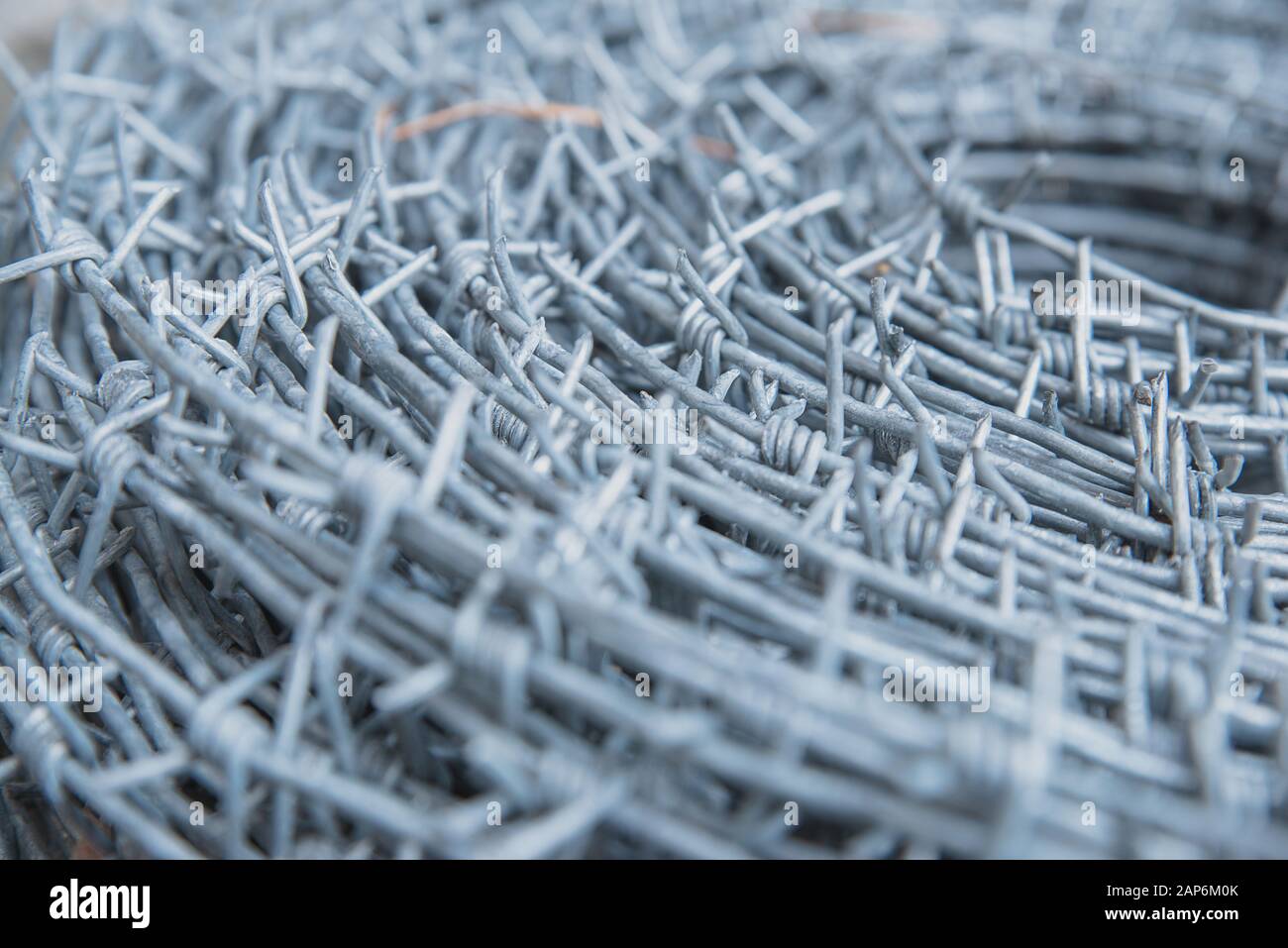 Auf einer Pfahlrolle aus glänzendem, neuem Stacheldraht zum Zaunfechten schließen. Durchsetzung von Sicherheitsvorschriften. Straftat des Gefängnis-Strafvollzugs gesperrt. Stockfoto
