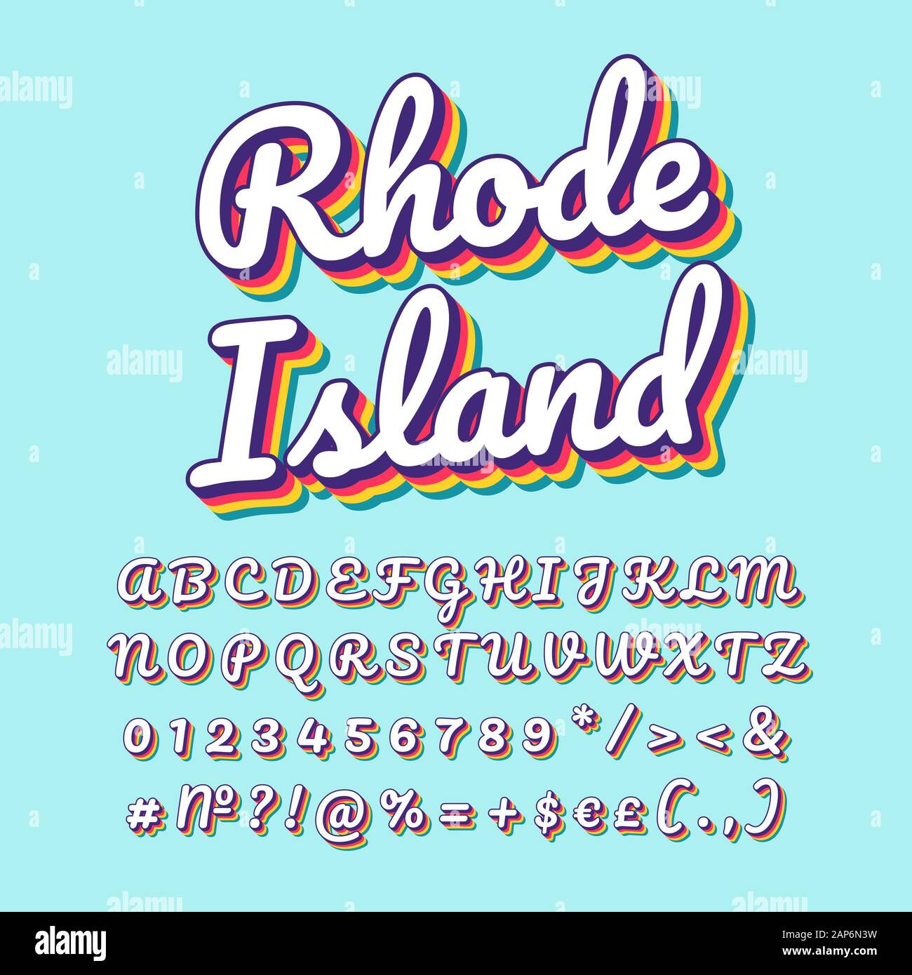 Rhode Island vintage 3d Vektor Schriftzug. Retro bold Font, Schrift. Pop Art stilisierten Text. Old School Style Buchstaben, Zahlen, Symbole pack. 90 s, 80 s Po Stock Vektor