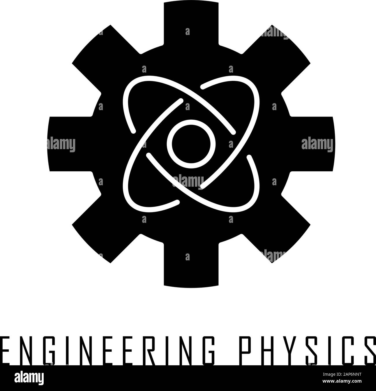 Engineering Physics glyph Icon. Nanotech. Zahnrad und Atom Struktur Modell. Maschinenbau. Nano Technologien Entwicklung. Silhouette Symbol. Stock Vektor