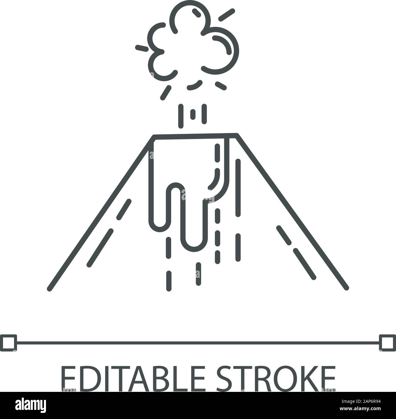 Vulkanausbruch lineare Symbol. Rauch, Asche und Lava Emission von Vulkan. Seismische Gefährdung. Geologische Katastrophe. Dünne Linie Abbildung. Kontur Symbol. Stock Vektor