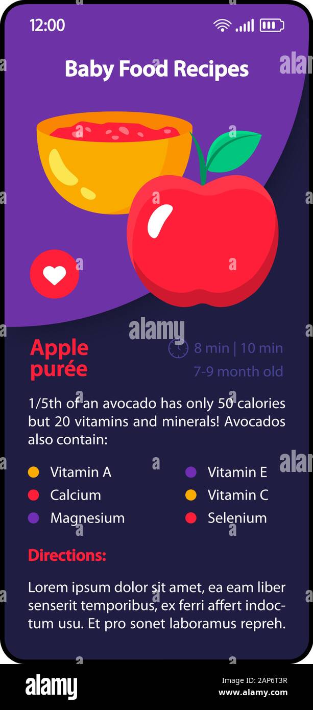 Babynahrung Rezepte Smartphone Schnittstelle Vektor Vorlage Mobile App Seite Lila Und Blau Design Layout Apfelmus Flachbild Ui Fur Applicatio Stock Vektorgrafik Alamy