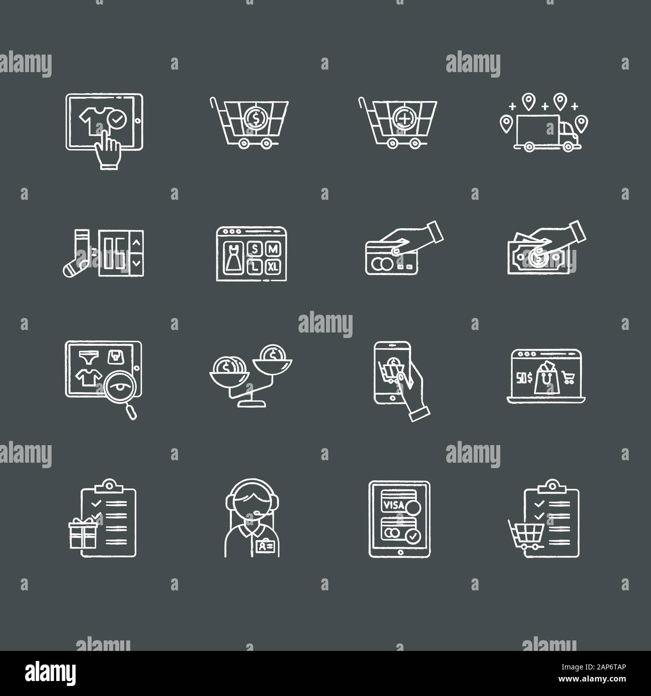 Kauf von Waren online Chalk Symbole gesetzt. Suche und Bestellung von Produkten im Internet speichern. Preis vergleichen, mit Kreditkarte bezahlen und Bargeld. Digitale shopping, e comme Stock Vektor