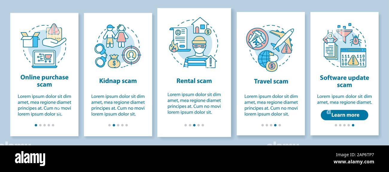 Scam Arten Onboarding mobile App Seite Bildschirm mit linearen Konzepten. Fünf exemplarische Vorgehensweise Schritte grafische Anweisungen. Online Kauf und Miete betrug. UX, Stock Vektor