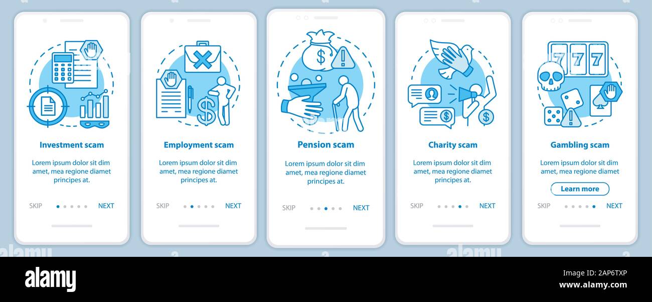 Scam Arten Onboarding mobile App Seite Bildschirm mit linearen Konzepten. Fünf exemplarische Vorgehensweise Schritte grafische Anweisungen. Investment- und Pensionsfonds betrug. UX, Benutzeroberfläche Stock Vektor
