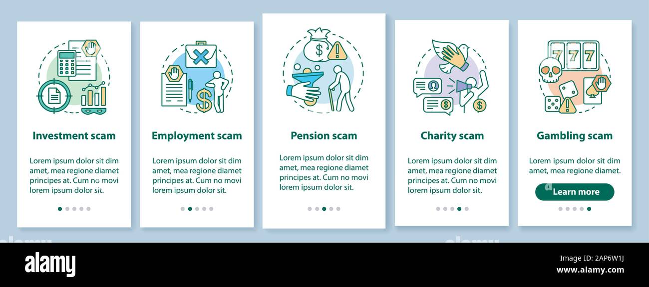 Scam Arten Onboarding mobile App Seite Bildschirm mit linearen Konzepten. Fünf exemplarische Vorgehensweise Schritte grafische Anweisungen. Investitionen und Beschäftigung betrug. UX, U Stock Vektor